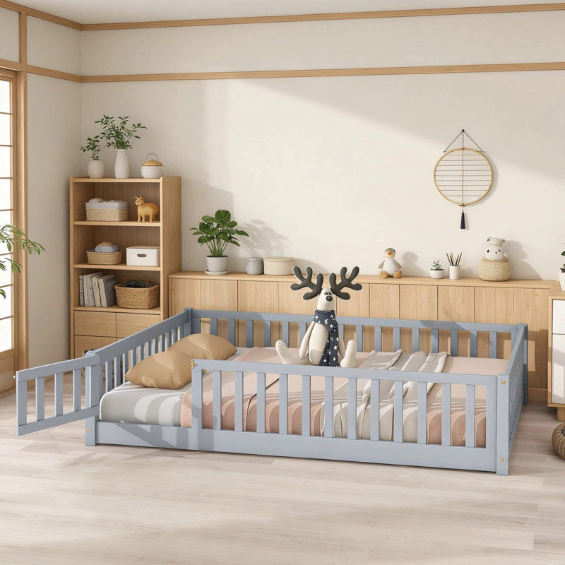 Full Size Floor Bed With Safety Guardrails And Door, Ideal For Kids' Play And Sleep In Compact Spaces, Grey, Full, Gray