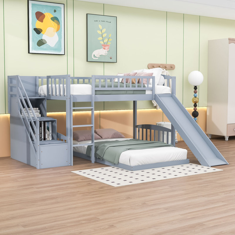 Fatime Twin Over Twin L-Shaped Bunk Beds with Slide and Storage, Gray