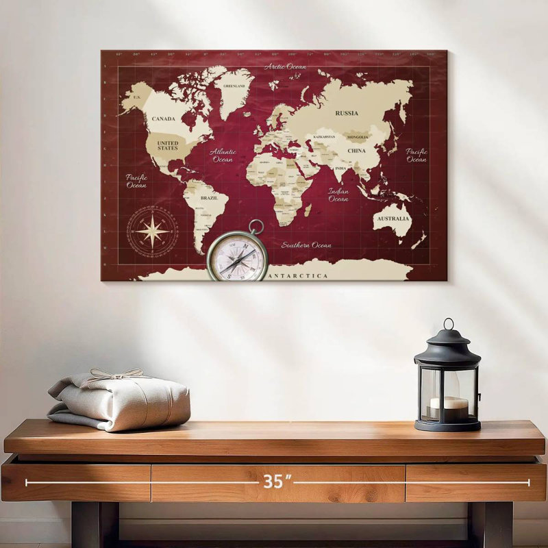 Aliaz Red Longitude World Map, 16" H x 24" W