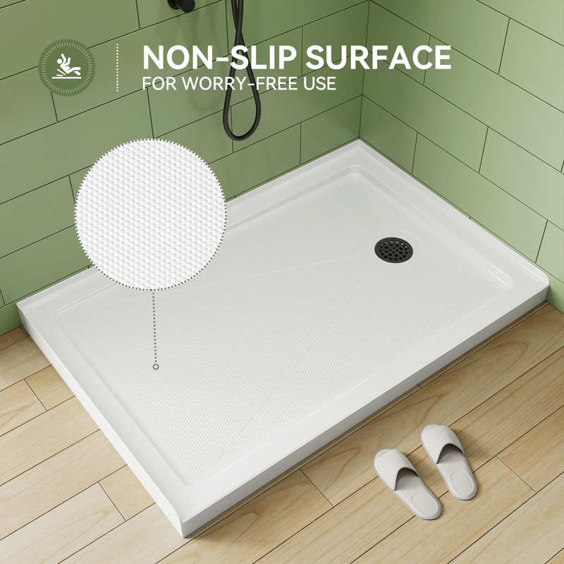 48" x 32" White Shower Base with Drain Assembly and Drain Cover Included, Non-slip Shower Pan, Right, Matte Black
