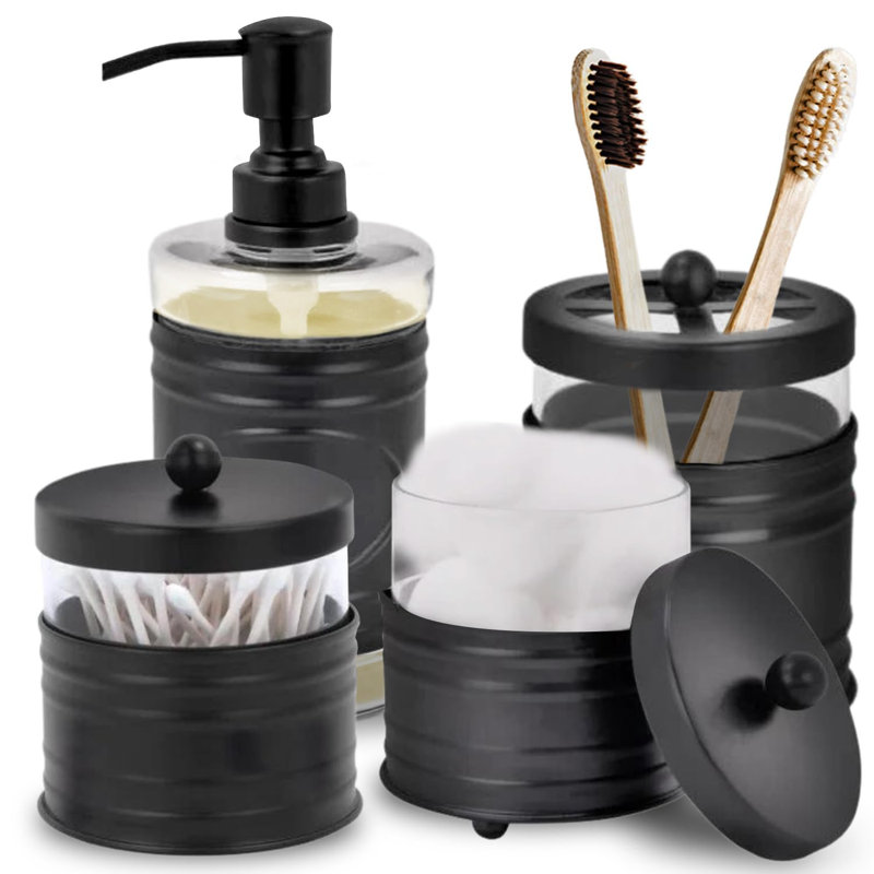 Ensemble d'accessoires de salle de bain noir mat (4 PCS) - Distributeur de savon à lotion, ensemble de porte-brosses à dents noir, 2 pots d'apothicaire en verre (support Qtip)