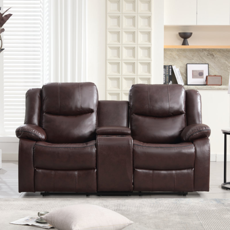 72.8" Wide Breathable Leather Manual Reclining Loveseat Sofa, 2-Seater Recliner Couch with Storage & Cup Holder, Brown