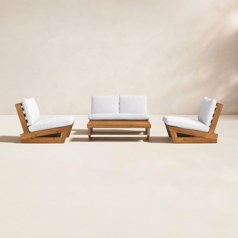 Louise Acacia Solid Wood 4 - Person Patio Conversation Set with Cushions, Teak Frame/White Cushion