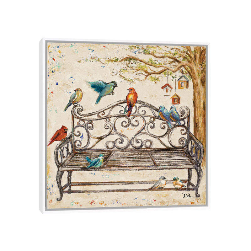 «Birds on the Bench» par Patricia Pinto - reproduction, H 18 po x l 18 po x 1,5 po, Toile blanche encadrée, Pas de tapis