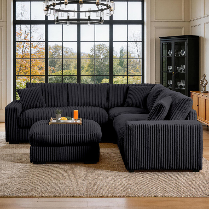 Canapé modulaire en L Corduroy, Velours côtelé gris