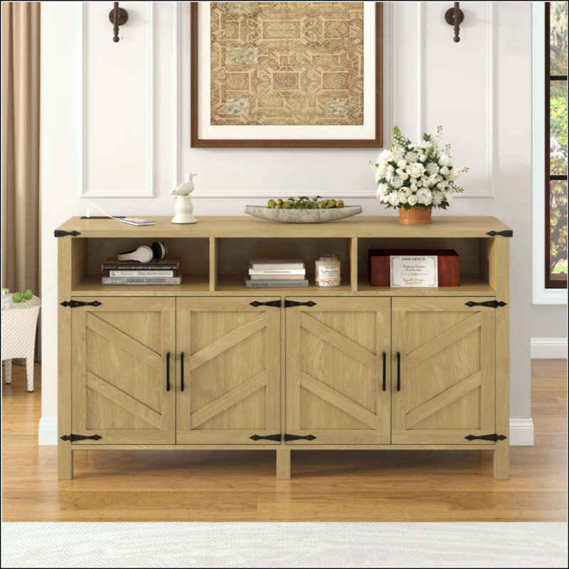 Modern 4-Door Sideboard Buffet With Power Outlets & USB Ports, Adjustable Shelves And Half-Open Storage Cabinet, Metal Accents & Aluminum Handles For Living Room, Dining Room, Entryway