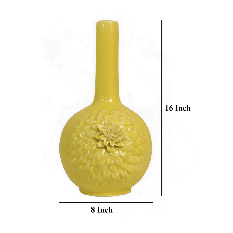 Vase à fleurs Remi, col étroit, céramique jaune avec motifs floraux, 16 po