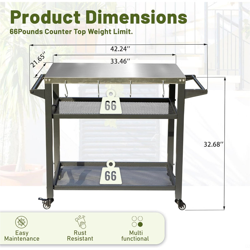3-Shelf Outdoor Grill Table, Grill Cart With Wheels, Outdoor Pizza Oven And Food Prep Table, Blackstone Table With Stainless Steel Tabletop, Grill Stand For Blackstone Griddle For Outside BBQ