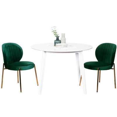 Ensemble de repas contemporain abordable - Table ronde blanche, 2 chaises et plateau en bois d'hévéa inclus. Revêtement en velours confortable.