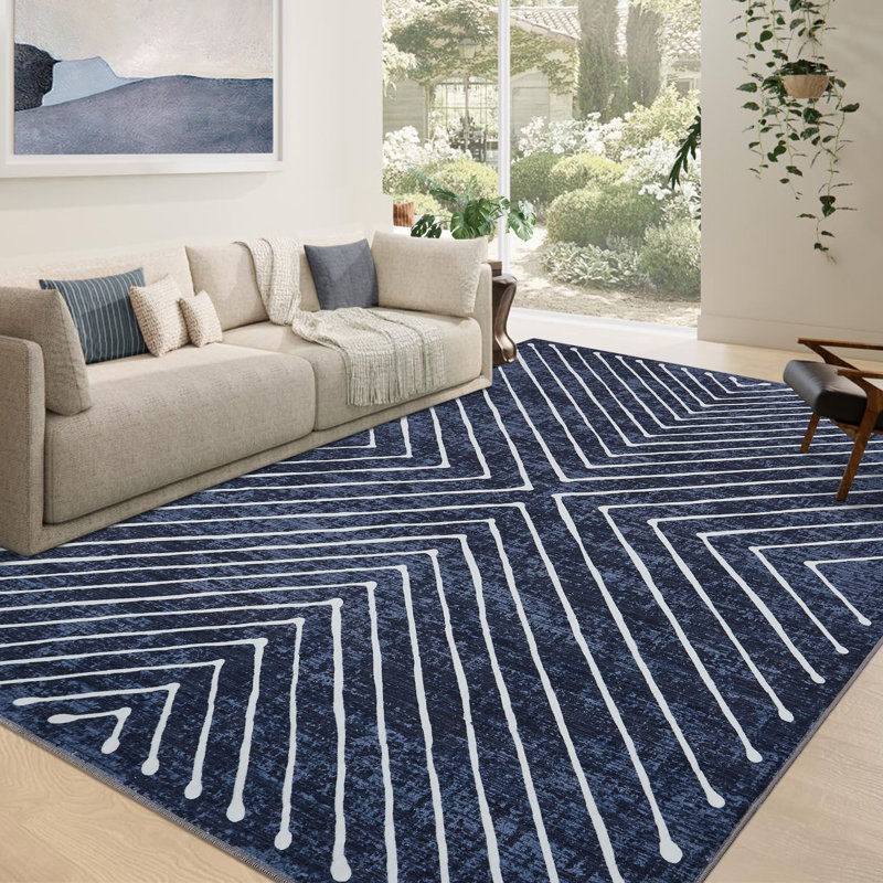 Geometric Machine Washable Rug Abstract Non Slip Living Room Rug Low Pile Thin Rug, Contemporary Neutral Rug, Non Shedding Soft Rug for Bedroom