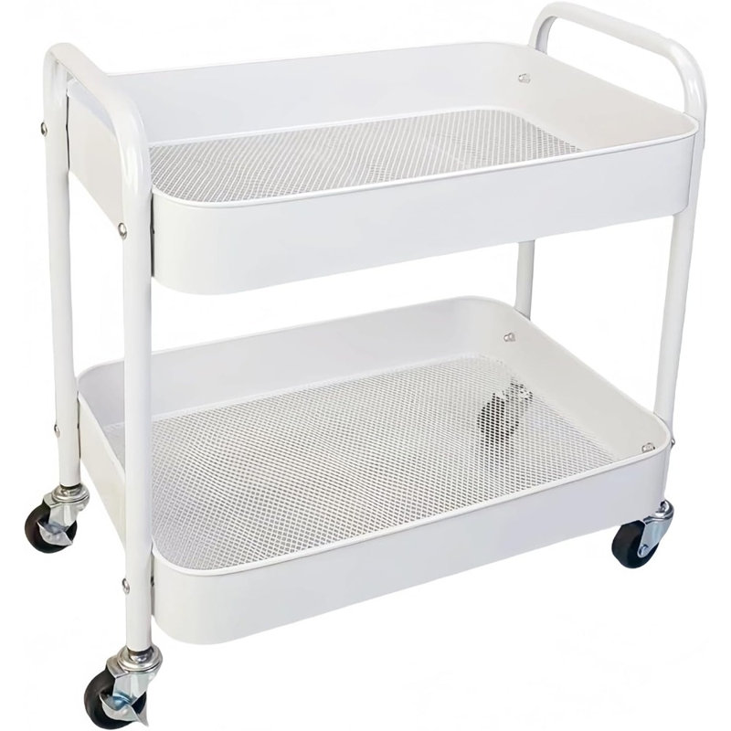 Chariot utilitaire roulant à 2 niveaux en métal avec roues, chariot de rangement sous le bureau et garde-manger avec crochets pour la cuisine, la salle de lavage ou les petits espaces - Blanc