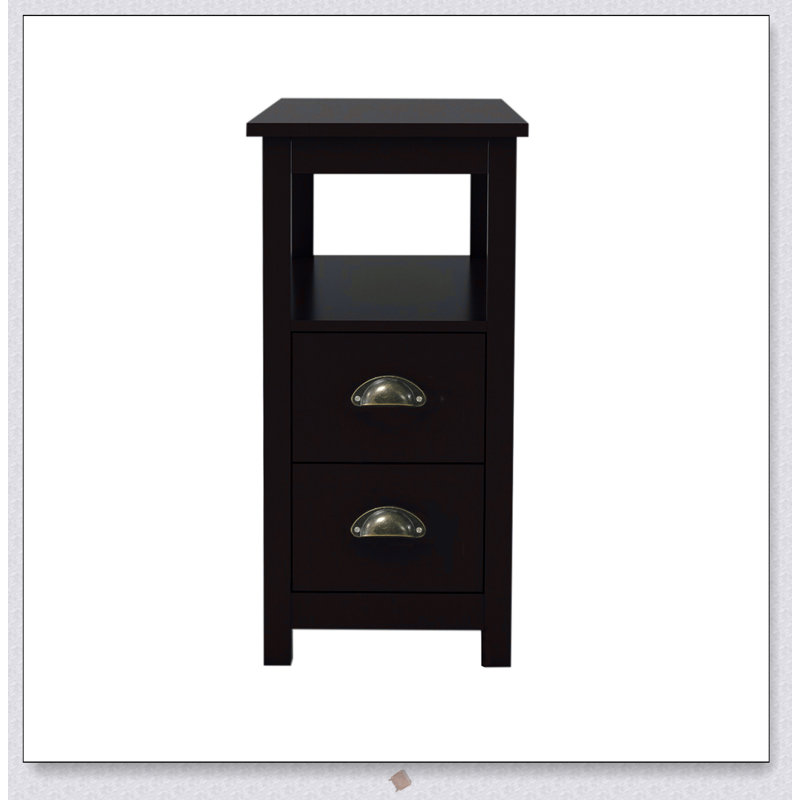 Table de chevet étroite avec deux tiroirs et tablette ouverte, solution de rangement durable et élégante pour les petits espaces