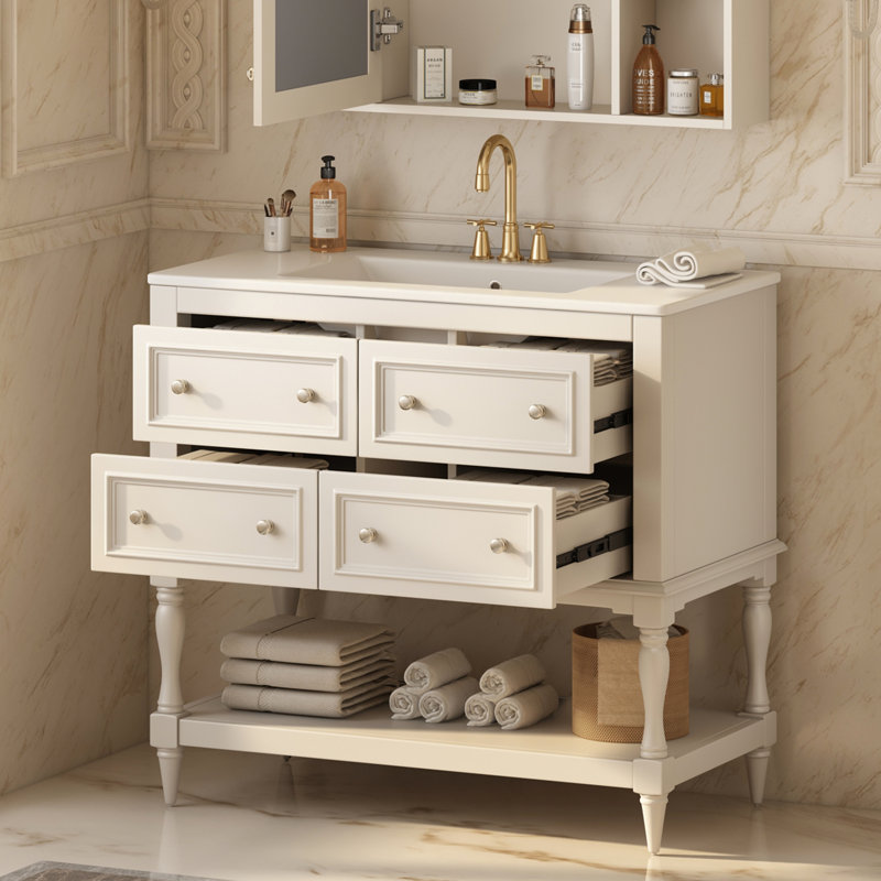 36" Bathroom Vanity - Beige. Solid Wood Construction. 4 Drawers. Ceramic Sink. Functional Storage Basin
