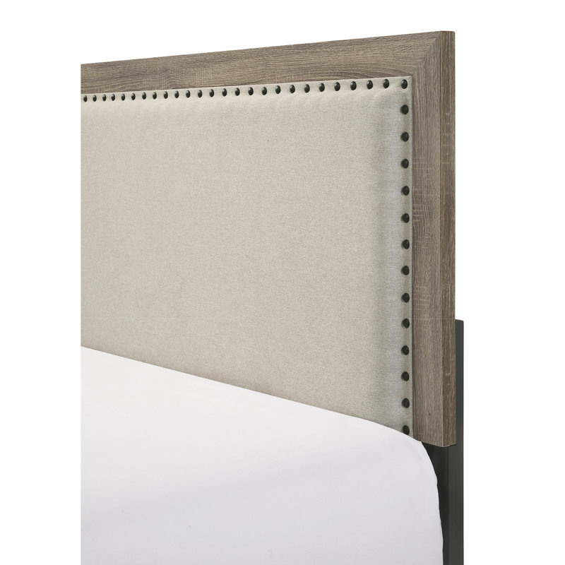 Grand lit moderne avec incrustation de cristal et tête de lit en tissu d'ameublement gris, Grand lit, Grey