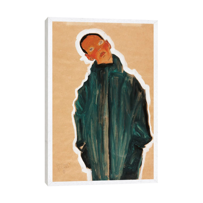 Boy In Green Coat, 1910 by Egon Schiele - Painting on Canvas, 101.6cm H x 66.04cm W x 3.81cm D, White Framed