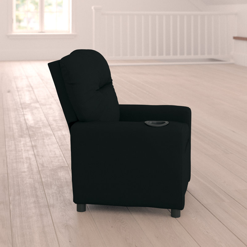 Contemporary Kids Recliner with Cup Holder, Leather - Black