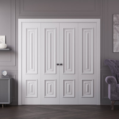Portes coulissantes doubles pliantes | Émail blanc IMPERial 1822 | Ensemble de quincaillerie pour moulures robustes | Portes de garde-robe de chambre en bois massif
