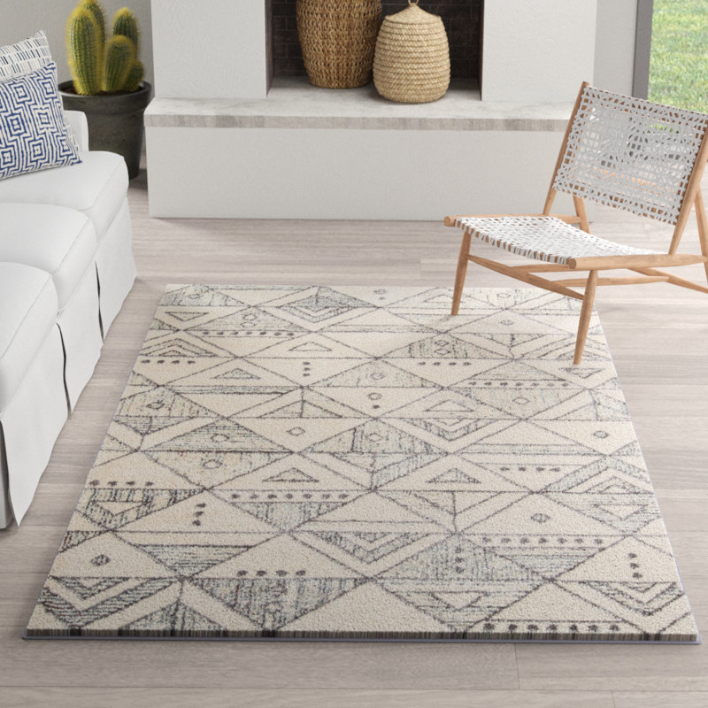 Tapis ivoire / gris anthracite à motif géométrique Allina, Rectangle 3 pi 11 po x 5 pi 7 po