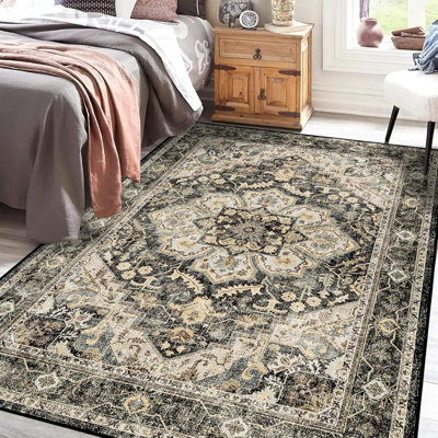Tapis oriental lavable - Tapis pour le salon Tapis moelleux pour la chambre à coucher Imperméable à l'eau floral patiné intérieur résistant aux taches sans perte de poils (noir)