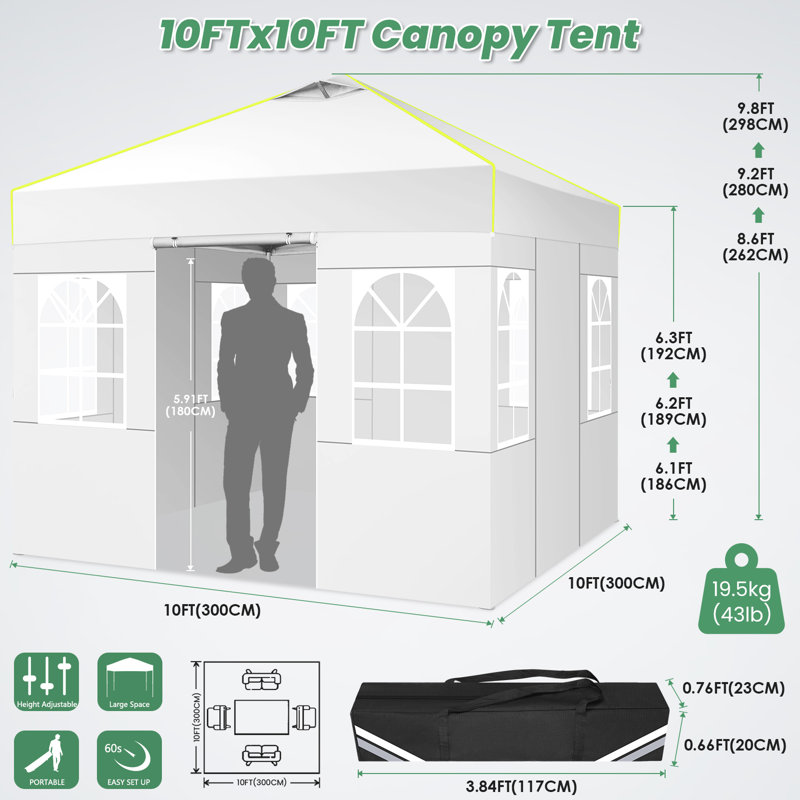 10x10 Pop Up Canopy Tent Gazebo with 4 Removable Sidewalls One Push Party Tent, White