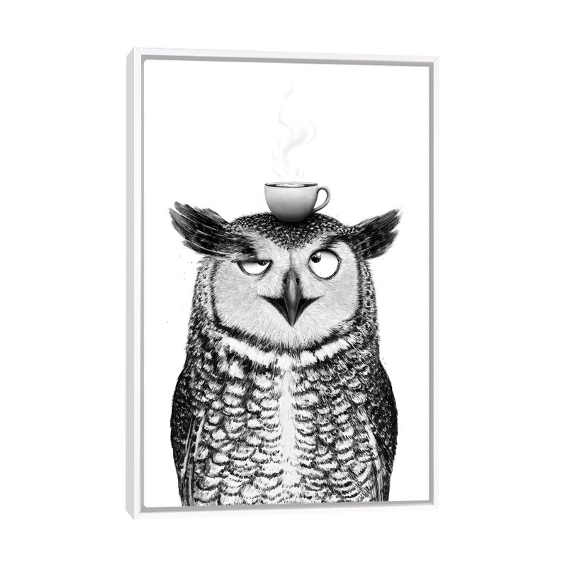 Hibou avec cappuccino - reproduction d'art murale - toile encadrée, 48 po x 32 po, Framed Canvas, Blanc
