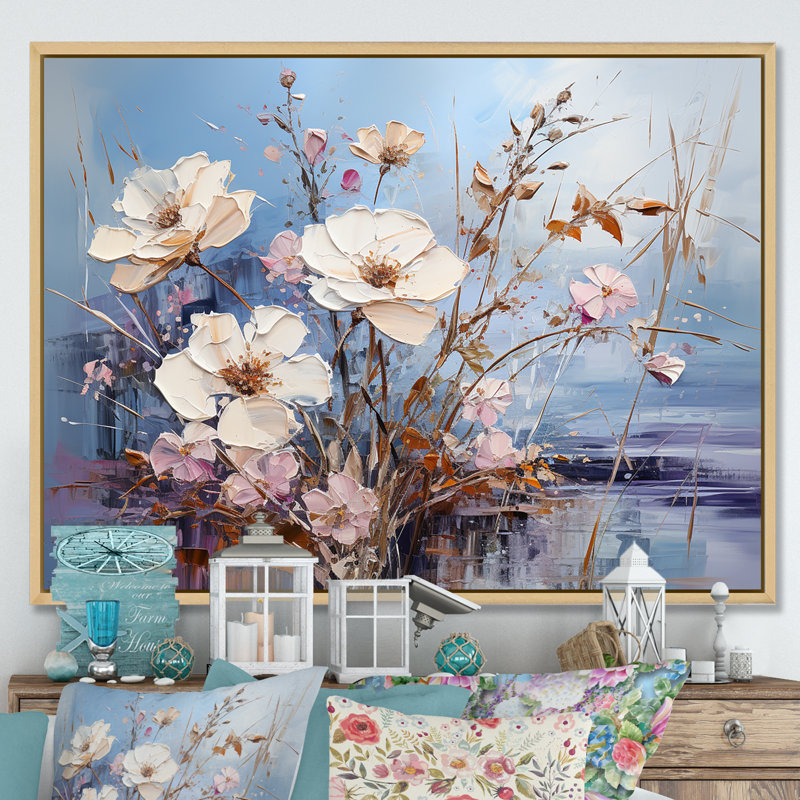 «White and Blue Dreamy Poppies Flowers», reproduction sur toile, Cadre naturel flottant, H 16 po x l 32 po x P 1 po