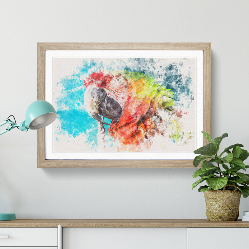 Rainbow Macaw Parrot - Picture Frame Painting Print, 24cm H x 33cm W x 2cm D, Oak Framed