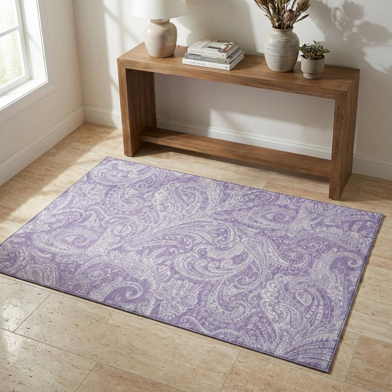Tapis lavable et motif cachemire lavande et ivoire 3 pi x 5 pi avec protection UV