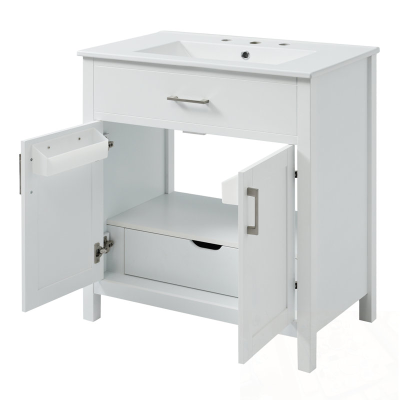 Étagère de salle de bain avec lavabo, 1 tiroir et porte, Blanc