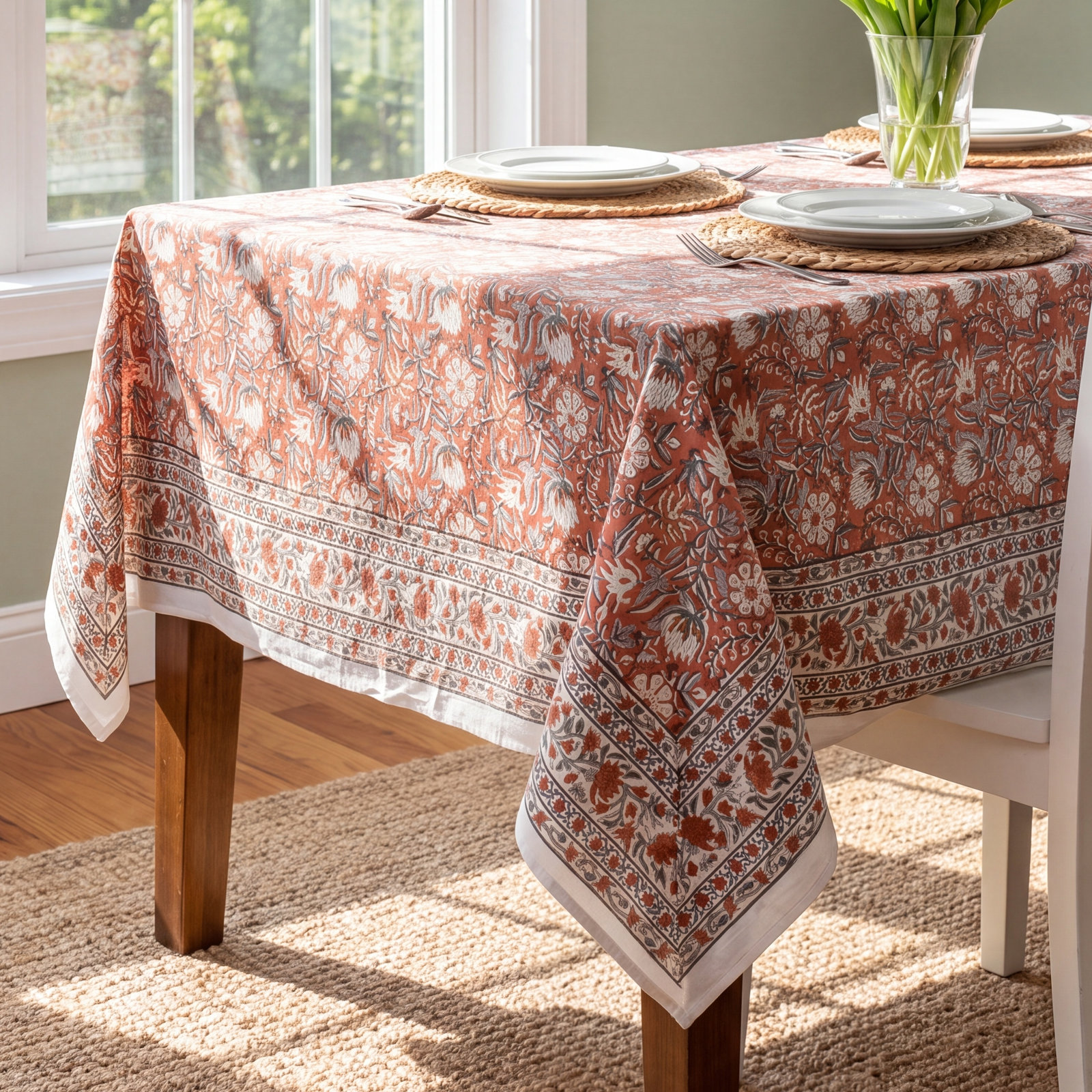 70" Floral Cotton Tablecloth