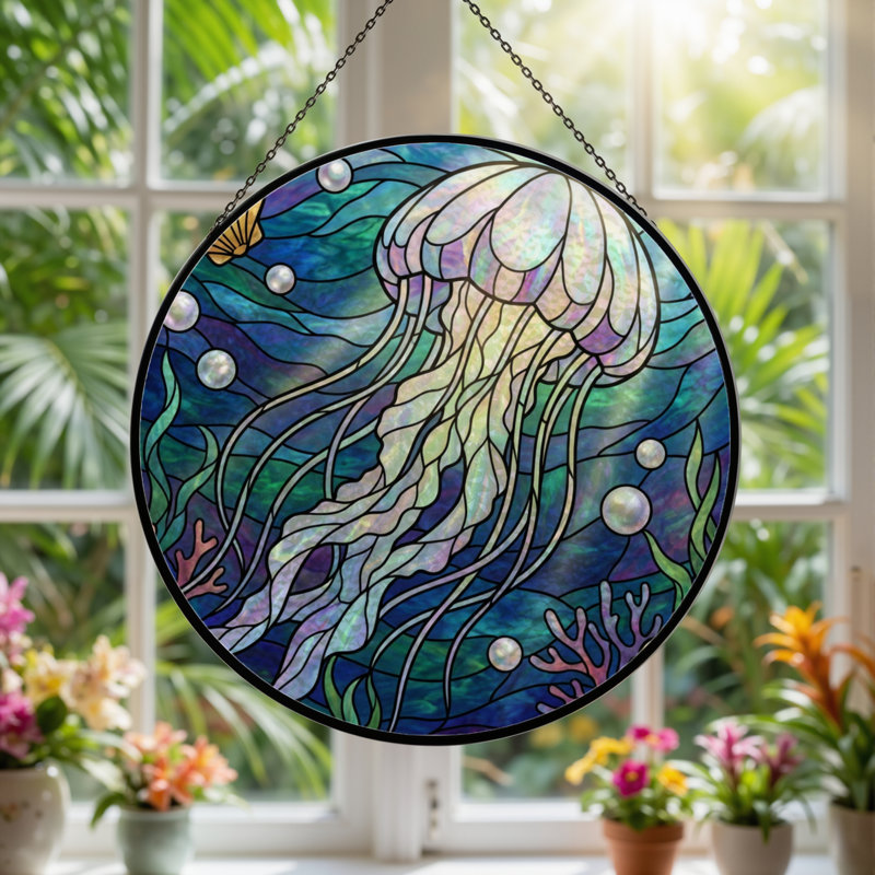 Panneau de vitrail 12 "H Jellyfish Ocean, H 12 po x l 12 po