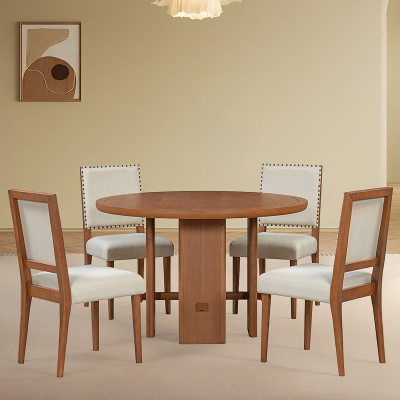 Rustic Elegance 5-Piece Round Dining Table Set– Solid Wood Table With Comfortable Upholstered Chairs, Brown