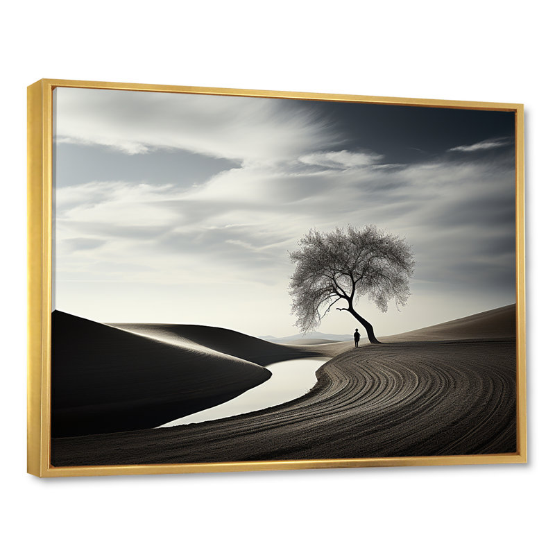Balck et arbre de solitude blanc sur toile, H 12 po x l 20 po x P 1 po, Cadre flottant doré