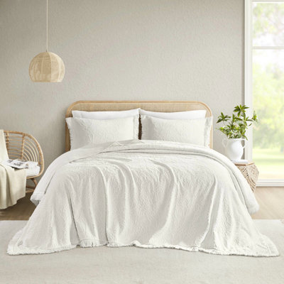 Couvre-lit pour grand lit 3 pièces, chenille florale élégante avec bordure, mélange de coton doux et confortable, surdimensionné pour le lit, peluche - Standard 100, mélange à franges lavable à la machine sans effort,