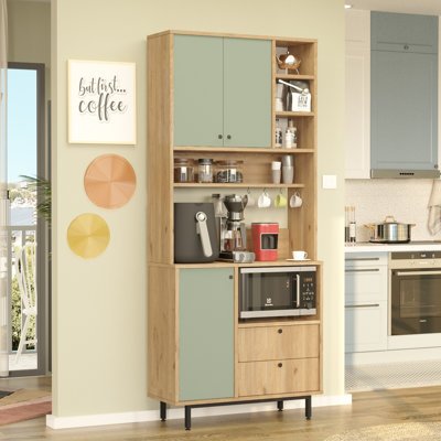 Colesen Modern Multi-Purpose Cabinet, Oak & Green, 34.6 x 80.7 x 14.0 inches | 100% Melamine Coated Particle Board, Thickness: 0.7 inches | Metal Legs, Numerous Shelves, Wall-Mountable, Scandinavian Design for Stylish Storage