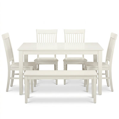 30.25 in. H x 36 in. W x 60 in. D Linen White Asian Wood Rectangular 5 Piece Dining Set Slatted Back Chairs with Benches
