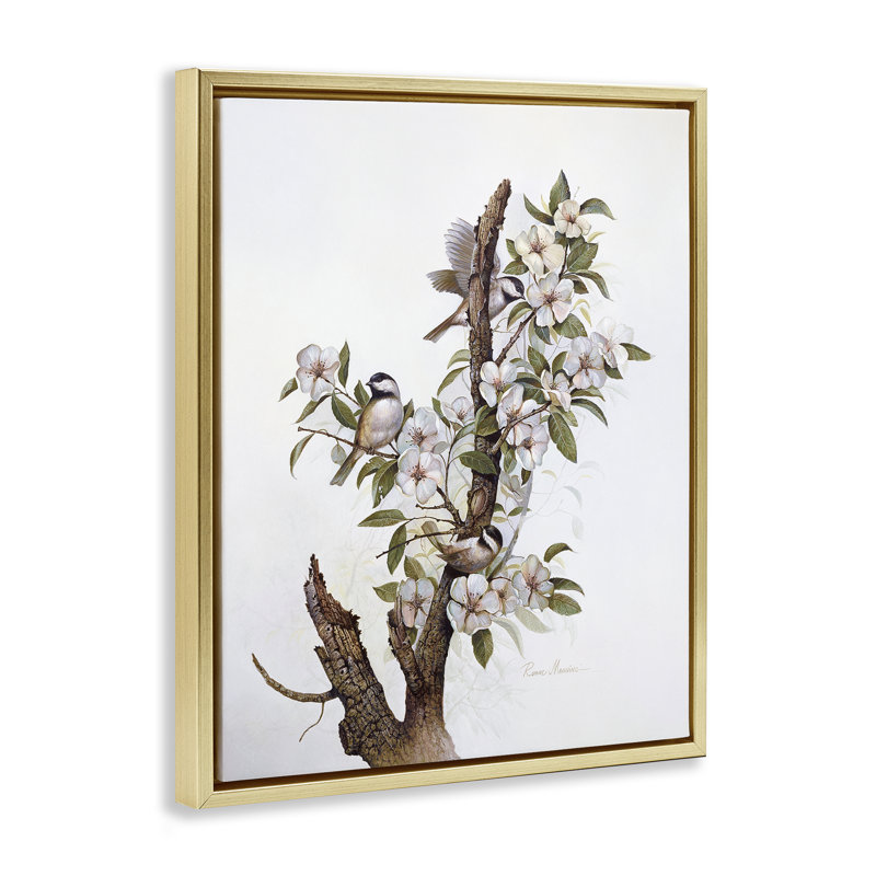 Oiseaux sur une branche d'arbre floral, toile encadrée dorée, design par RUANE MANNING, H 31 po x l 25 po