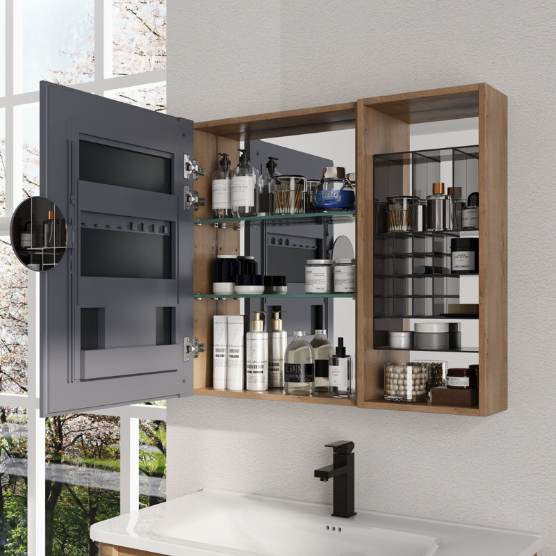 Armoire à pharmacie sans cadre Frisina 31,56 po L avec miroir et 2 étagères en verre ajustables, bacs de rangement amovibles en acrylique