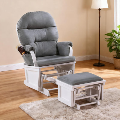 Glider Chair w Ottoman Grey Microfiber Luxurious Gliding Motion Chair Plush Cushion Seat Wooden Base