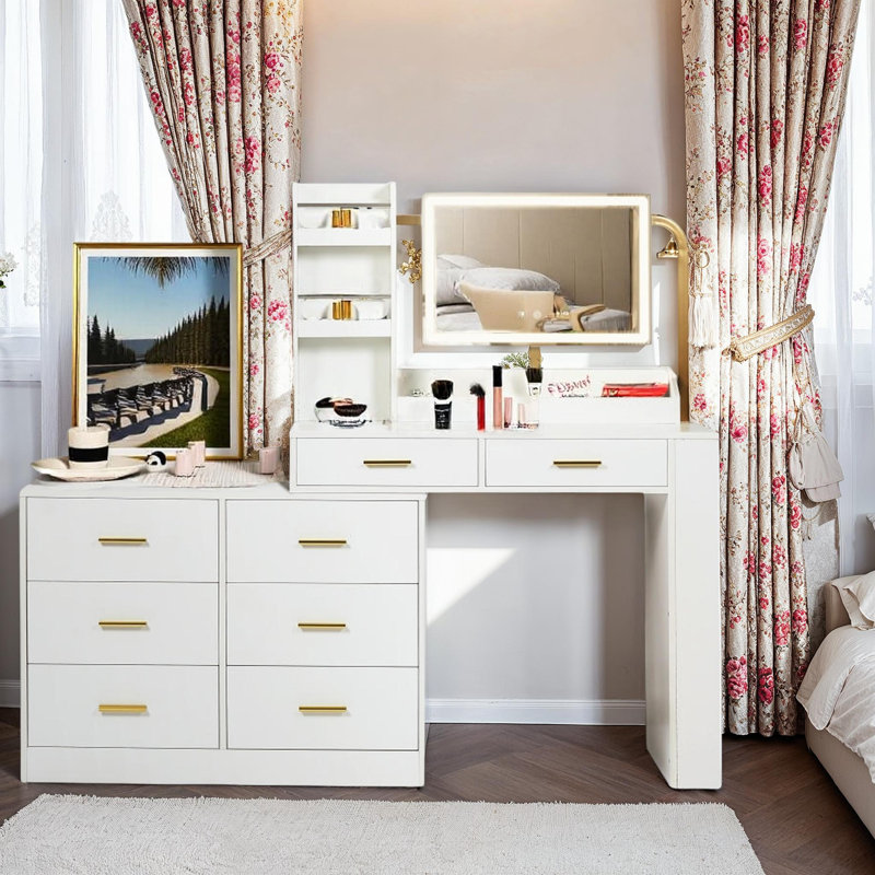 White Makeup Vanity Desk with LED & 8-drawer