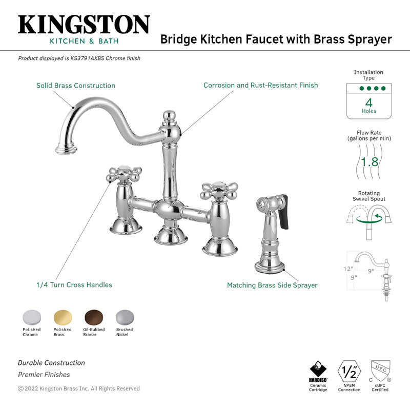 Kingston Brass Restoration Two-Handle 4-Hole Deck Mount Bridge Kitchen Faucet with Brass Side Sprayer
