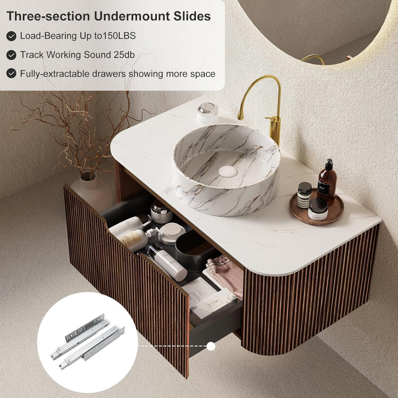 Meuble-lavabo de 36 po avec lavabo, armoire murale avec lavabo en céramique et plateau en marbre, grand tiroir, Noyer foncé