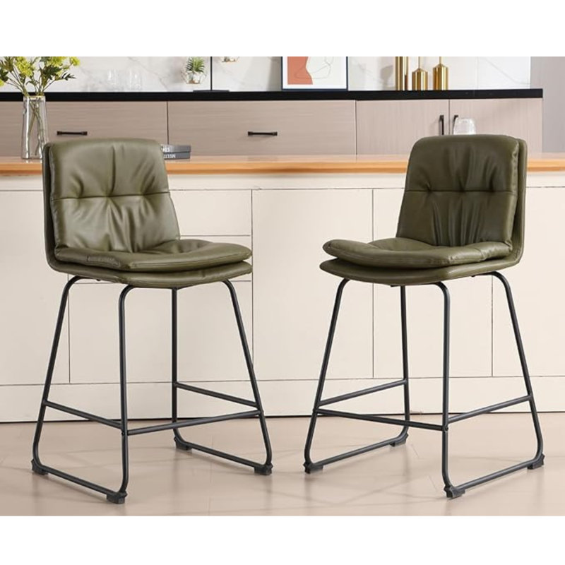 Upholstered Counter Stool with Metal Frame, Green
