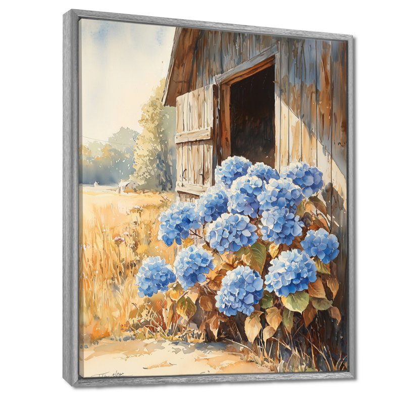 «Ashlie Hydrangeas By The Stable Door I - Hydrangea», art sur toile, Argent argent, Reproduction avec cadre flottant
