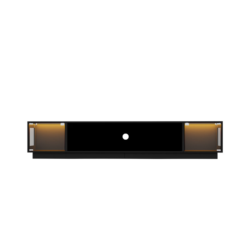 Meuble télé moderne noir avec portes en verre trempé, bande lumineuse à DEL, 2 tiroirs et tablette de rangement ouverte, centre de divertissement long pour le salon