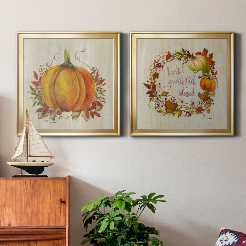 «Pumpkin in Fall», ensemble de 2 peintures sur toile encadrées, H 17,5 po x l 35 po x P 1,5 po, Or