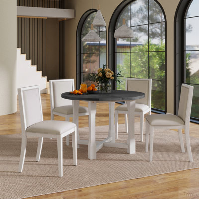 TREXM 5-Piece Extendable Dining Table Set For 4, Round Dining Table For 4 With Upholstered Chairs, Farmhouse Kitchen Table Set With Removable Leaf For Dining Room And Kitchen (Grey+White)