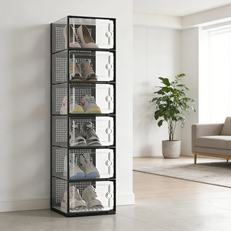 Stackable Clear Shoe Storage Box With Magnetic Closure, Black