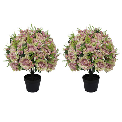 24” Artificial Boxwood Topiary With Peony Silk Flowers – Potted Faux Plant, Spring Home Décor