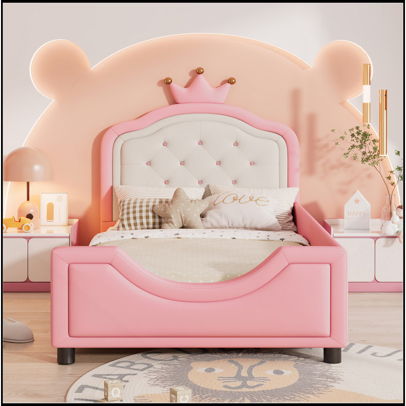 Mignon lit de jour simple tapissier en similicuir avec tête de lit capitonnée pour enfants